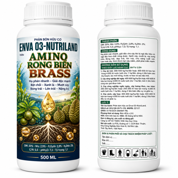 Phân bón hữu cơ Enva 03-NutriLand hiệu Amino Rong Biển Brass