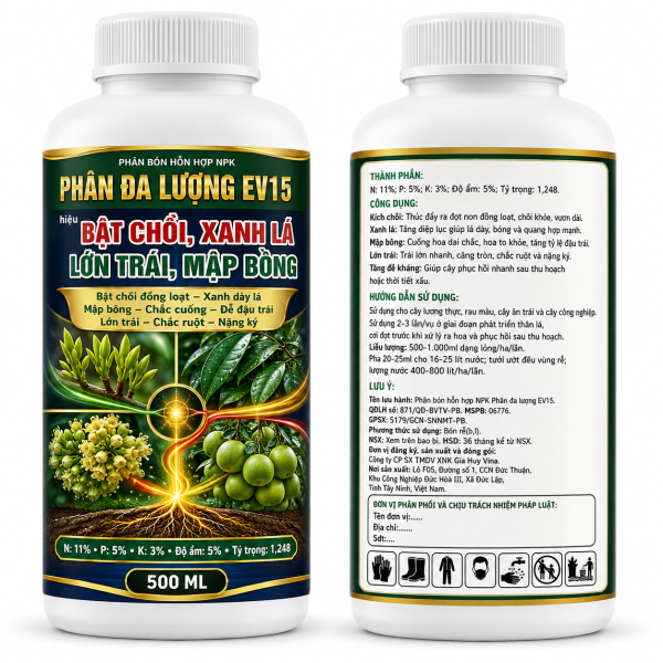 Phân bón hỗn hợp NPK Phân đa lượng EV15 hiệu Bật chồi, xanh lá, lớn trái, mập bông